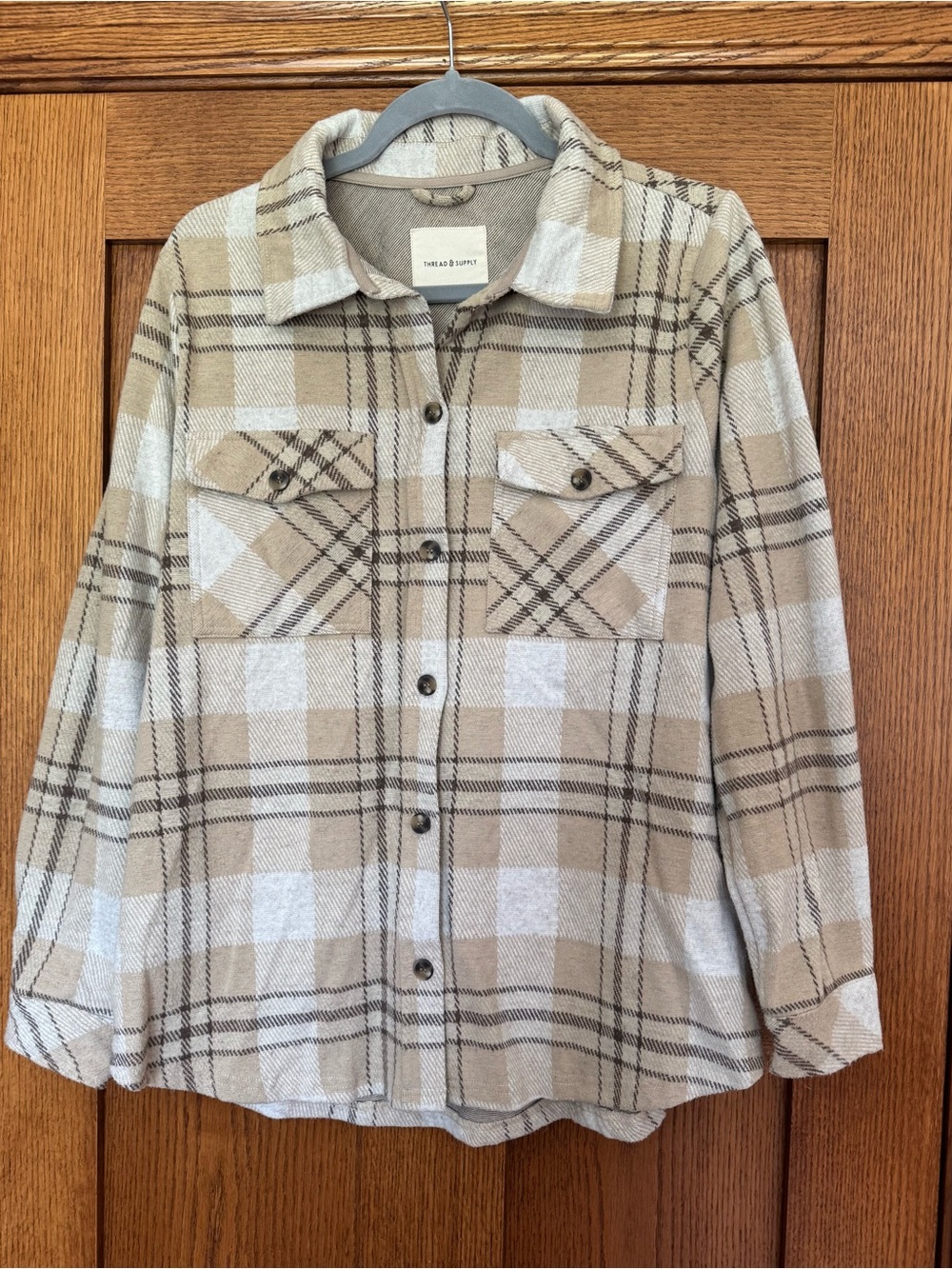 Thread & Supply Beige and Cream Plaid Button-Front Shirt Jacket